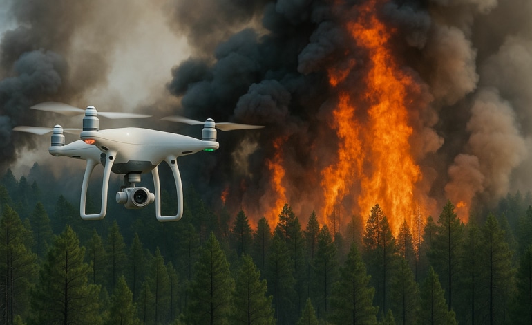 un drone surveille un feu de foret