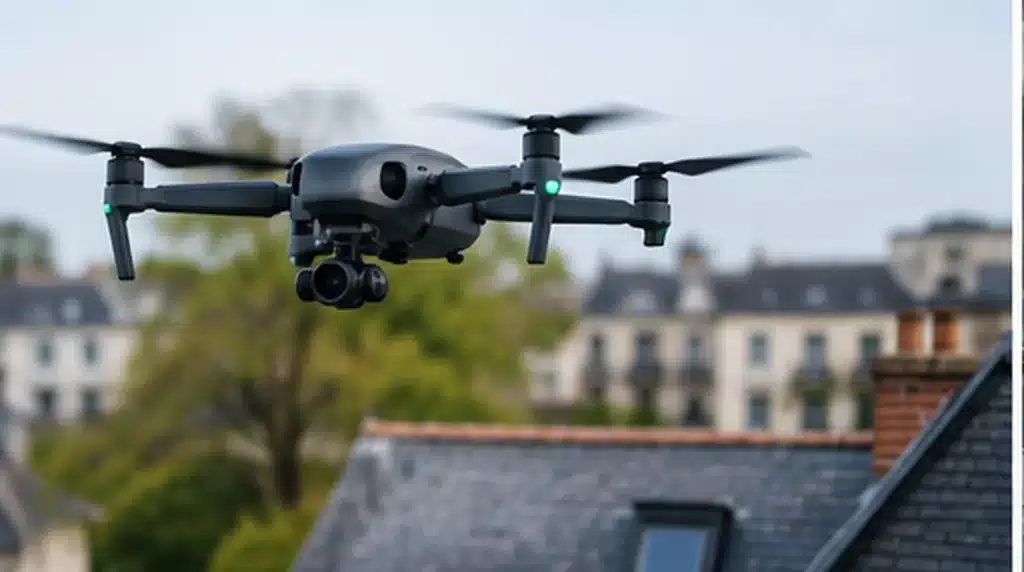 Drone effectuant une inspection technique de bâtiment par drone au-dessus de toitures